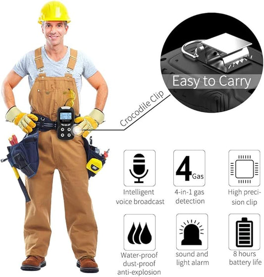 XLA Alert Portable Gas Detector, Gas Clip 4 Gas Monitor Meter Tester Analyzer, Rechargeable LCD Display Sound Light Shock Air Quality Tester, 2 Year Detector…