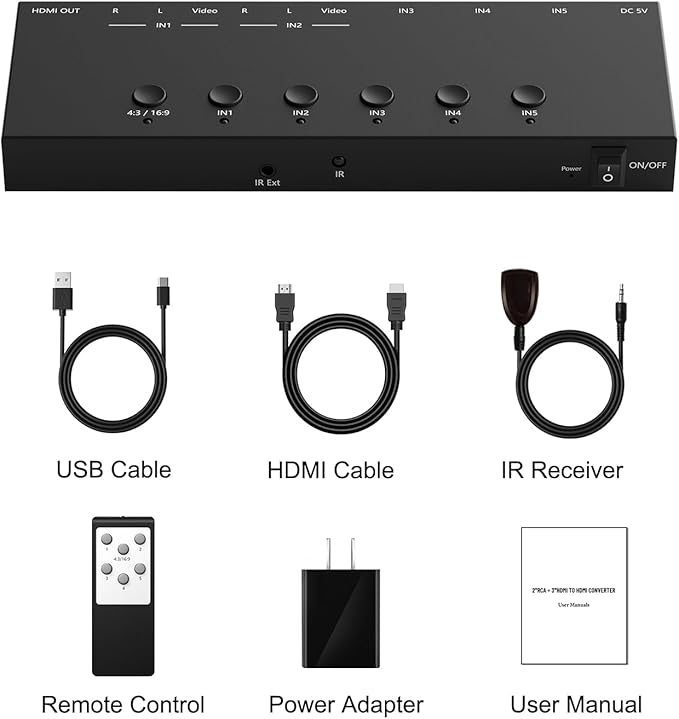 Dingsun 3 Way HDMI 2.0 to HDMI Switcher + 2 Way RCA to HDMI Converter for Fire Stick,ROKU, N64, NGC, Wii, PS2/3/4/5, Xbox Series, Xbox ONE, Switch ect.