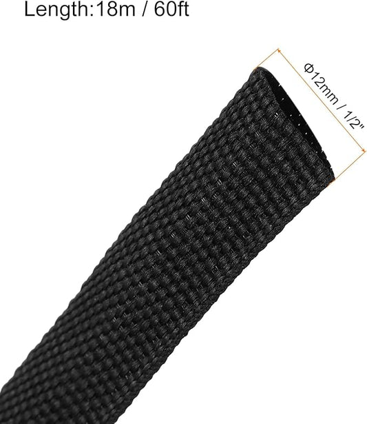 MECCANIXITY Braided Cable Sleeves Heat Shrinkable Fabric Sleeving, 1/2" 60ft Black 2:1 Ratio Heat Shrinkable Cord Protector for Harness Cable, Network Cable Protection, Cable Management