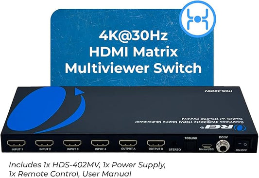OREI Quad Multi HDMI Viewer 4 in 2 Out, HDMI Matrix Switcher 4 Ports Seamless Switching and IR Remote Supports 4K PIP PS5/PC/DVD/Security Camera, HDMI Switch RS-232 Optical Out - HDS-402MV