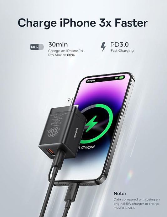 Baseus 30W Dual Port USB C PD Charger Block, Foldable PPS GaN Fast Charger Power Adapter for iPhone 16/15 Pro Max/14 Pro/13, Galaxy S24 Ultra/S23, Google Pixel 6, iPad, Black