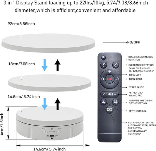 JAYEGT 3in 1 Motorized Rotating Display Stand with 5.74/7.08/8.66 inch Replacement Cover,Max 22lbs Load, 360 Electronic Turntable for Photography Products (3 in1 / White/with Remote Controller)