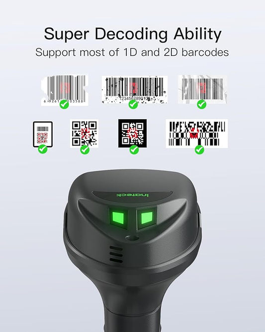 Inateck Wireless Barcode Scanner, 1D/2D QR Code Scanner with Smart Base, Bluetooth/2.4G/USB 3-in-1 Connectivity, Compatible with Windows/iOS/Android/Mac/Linux for Retail/Warehouse/Logistics
