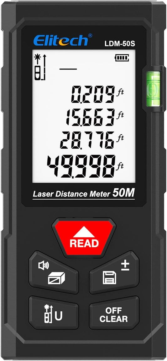 Elitech Laser Measure 165ft, Digital Laser Tape Measure for Home Decor & DIY, Handheld Distance Meter with Bubble Level, 99 Data Memory - Easier Than Metal Tape (Battery & Hand Strap Included)
