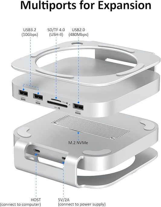Akyyajaure Mac mini Hub: 9 in 1 Aluminum Stand & Dock for Mac mini M4 Pro with M.2 NVMe SSD Enclosure, 10Gbps USB-A*2, SD/TF Card Readers, USB 2.0