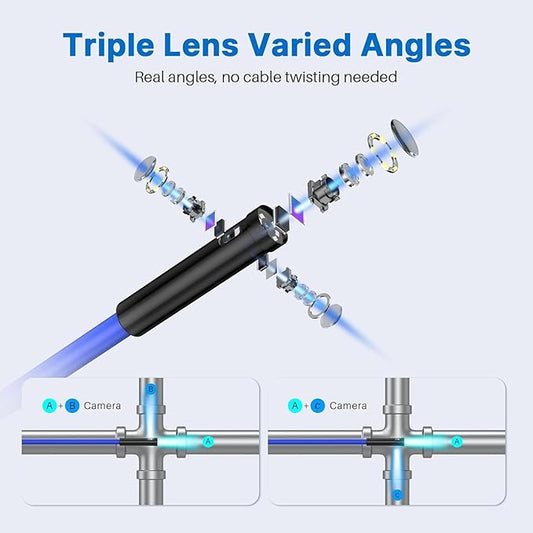 Oiiwak 50 ft Triple Lens Borescope, Drain & Sewer Camera | 4.3" 1080P, IP67, 32GB, Carrying Bag, Accessories | Inscpection Camera for Plumbing, HVAC, Automotive, Wall