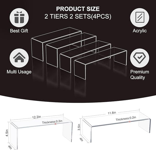Blaithom Acrylic Display Riser Stand,4Pcs 12'' Length Tier Display Stands, Thickened to 0.2''(5mm) Acrylic Shelf Risers for Perfume Display,Risers for Buffet Table,Cupcake Stand,Pop Figurines,Tumbler,Food