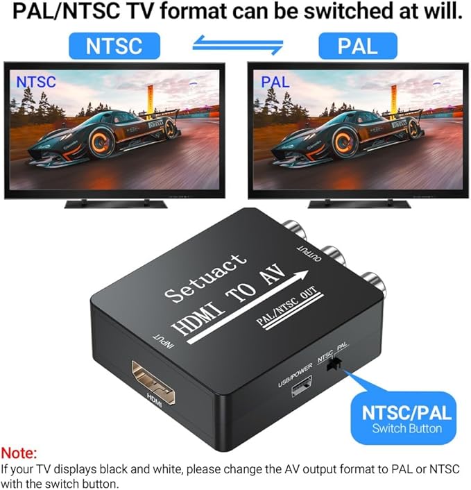 Setuact HDMI to AV Converter, HDMI to RCA Converter, Supports PAL/NTSC for Apple TV, Roku, Fire Stick, Blu-ray, DVD Player, Older TV, Projector, (with Male RCA and HDMI Cables)