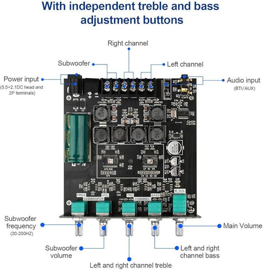 Bluetooth Audio Amplifier Board, ZK-TB21 2.1CH 50W x 2 +100W Subwoofer Power Amp with Treble and Bass Control, Bluetooth5.0 and AUX Inputs, Stereo Digital AMP for DIY Home Speakers