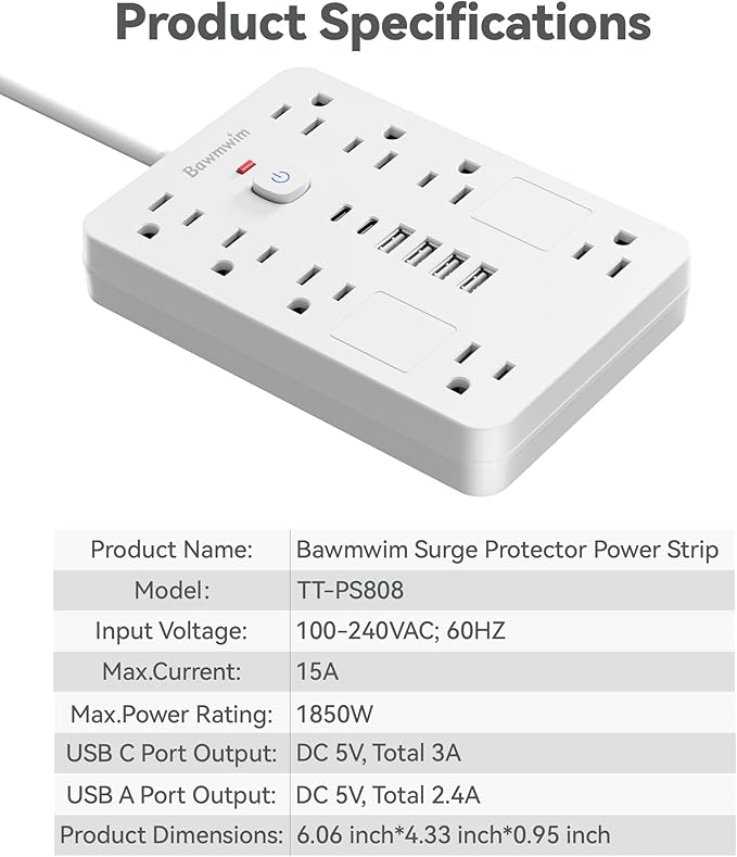 Bawmwim Surge Protector Power Strip - 8 Outlets(1850W/15A) with 6 USB Ports(2 USB C, 10FT Flat Plug Extension Cord, Wall Mount Multi Plug Outlet Extender, ETL Listed for Home, Dorm Room, White