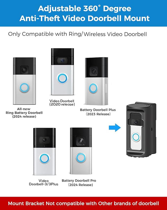 Anti-Theft Video Doorbell Mount,Adjustable 360° Degree Doorbell Angle No-Drill Mount Compatible with Ring Battery Doorbell /Plus/Pro Video Doorbell Upgrade Corner Kit for Houses,Apartments