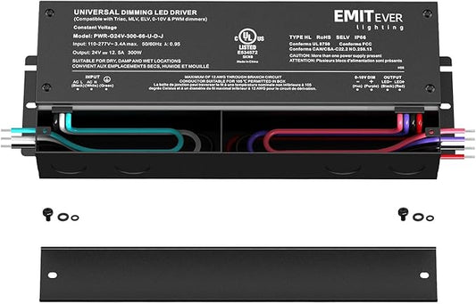EMITEVER Dimmable Led Driver, 2 Packs 300W AC 110V-277V to DC 24V Transformer, 5-in-1 Dimming: ELV/MLV/TRIAC / 0-10V / 1-10V / 10V PWM/Potentiometer, Waterproof IP67 and UL Listed