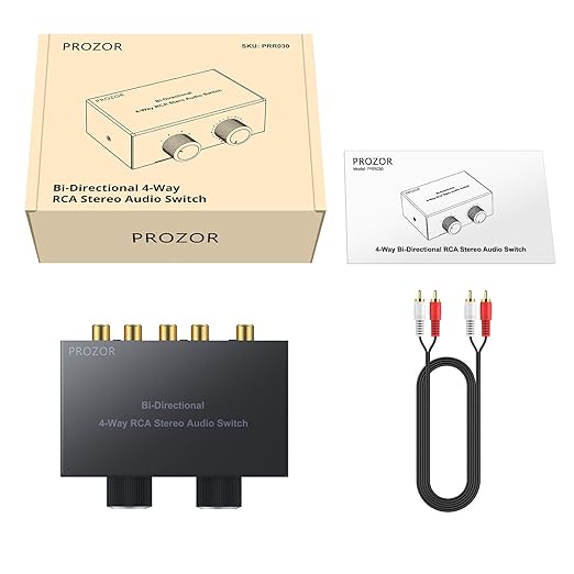 PROZOR 4-Way Stereo L/R Sound Channel Bi-Directional Audio Switcher, 2 in 4 Out or 4 in 2 Out Audio Switch Splitter with Off Button and No External Power Required for DVD Stereo Speaker CD Player
