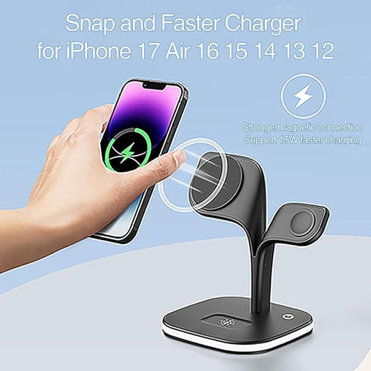 3 in 1 Wireless Charging Station for Apple Magsafe Charger Stand,Magnetic Wireless Charger Station for iPhone 17 Air 16 15 14 13 12 Series,Apple Watch Series 1-10,AirPods with LED and Adapter