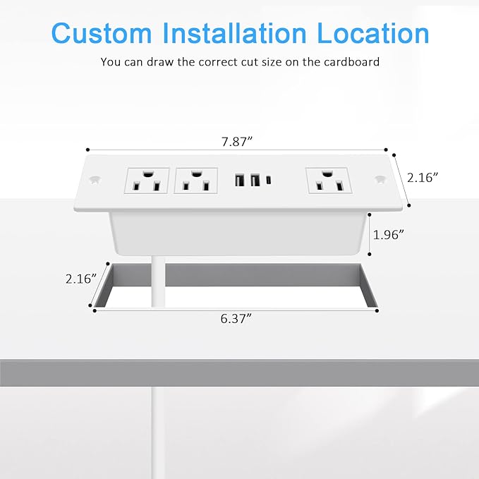 Recessed Power Strip, Furniture Plug in 3 Outlets & Fast Charging 20W PD USB-C Port & 18W/3A QC3.0 USB-A Ports Drawer Outlet with 10 FT Flat Extension Cord, White Desk Grommet Outlet for Table Top