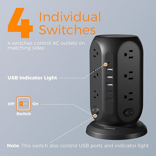 Black Surge Protector Power Strip with 4 Individual Switches, TESSAN USB C Charging Station Power Tower with Flat Extension Cord 10 Ft, 12 Outlets Black Extension Cord, Dorm Room, Office Accessories