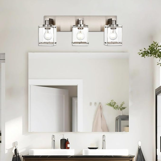 WINSHEN 3-Lights Bathroom Wall Light Fixtures E26 Bulb Base, Brushed Nickel Vanity Lighting Fixtures Over Mirror with Clear Glass Shades for Living Room Hallway Kitchen