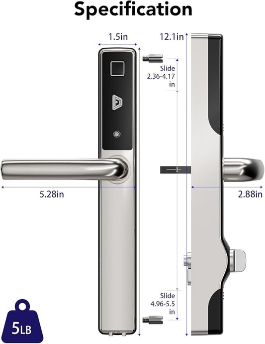 Blusafe Electronic Smart Door Lock Fingerprint Door Lock with Keypad,Smart Lock for Front Door Children Proof IC Card, App Control & Mechanical Key 40–90mm Multipoint Locks(OS Frosted Silver)