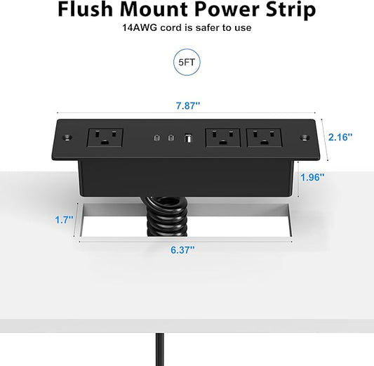 Furniture Drawer Outlet, Recessed Power Strip with (3) PD 20W USB Ports Fast Charging & (3) 15 Amp AC Outlets, (14 AWG) 10 FT Spring Black Cord