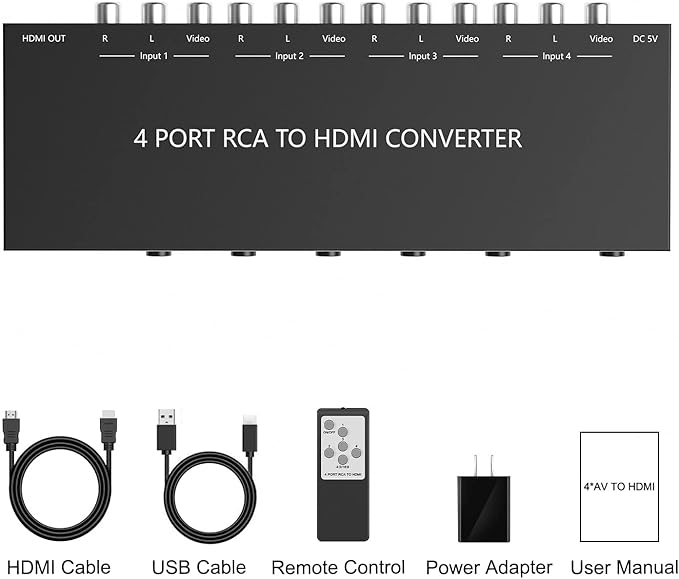 Azduou 4 AV to HDMI, 1080P/720P 4 Way RCA Composite CVBS AV Switch to HDMI Converter Adapter Support 4:3/16:9 Switching, for Sega Xbox PS1 PS2 PS3 N64 NGC SNES WII VHS VCR Camera DVD (with Remote)