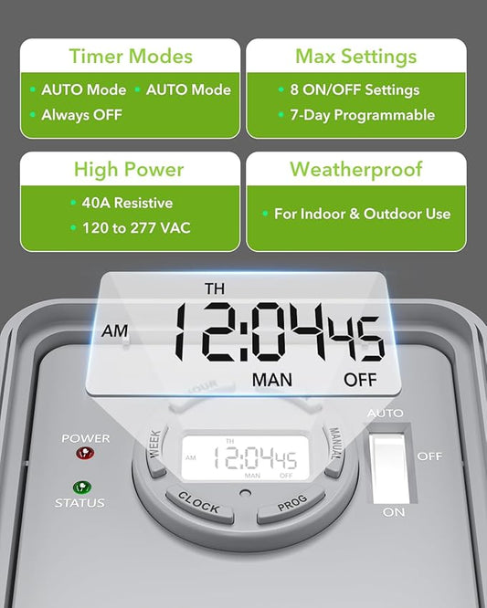 BN-LINK Pool Pump Timer, Outdoor Timer Box, Heavy Duty, 2HP 40A Max, 120, 240, 277 VAC, for Pool Pump, Water Heater, Fans, SPA, ETL Listed (Digital)