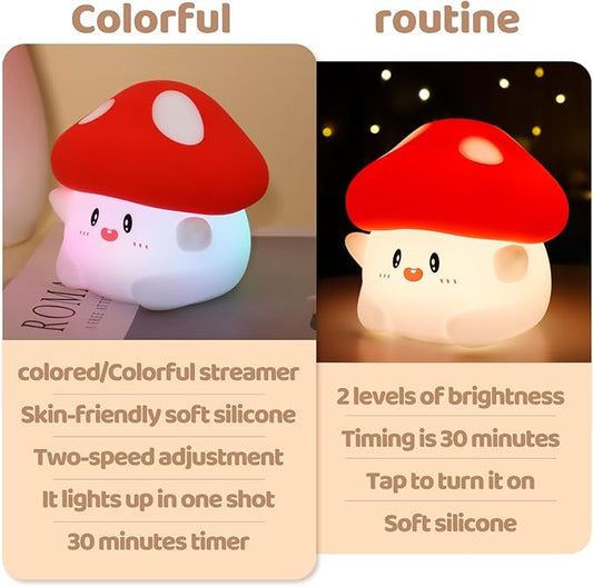 Rytinazzz Mushroom Night Light, Color Changing & 50-Hour Battery, Squishy Lamp with Pat Control for Kids Room Decor, USB Rechargeable, Valentines Gifts