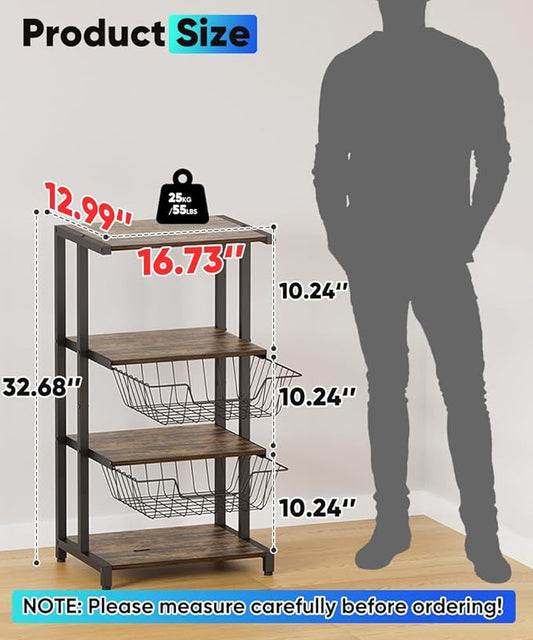 Ardier Media Stand with Two Detachable Baskets, 4-Tier AV Media Stand Corner Shelf for DVD Players/Cable Boxes/Games Consoles, Audio Storage Rack for Living Room, Gaming Room, Music Studio, Black