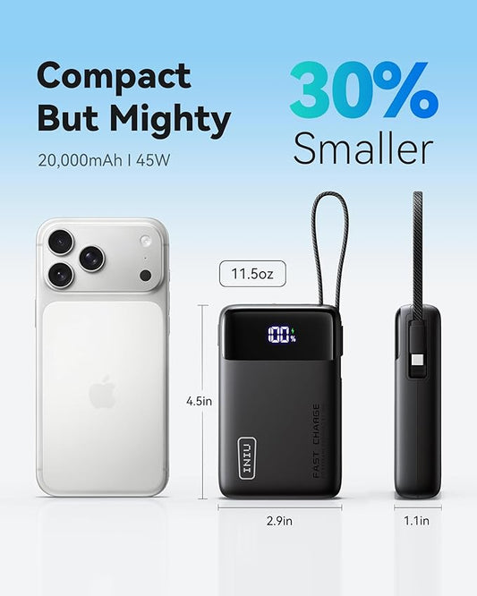 INIU 45W Portable Charger, Smallest 20000mAh Power Bank with Build in USB-C Cable, Fast Charging USB C in&Out Battery Pack, Travel Phone Charger for iPhone 17 16 15 Air Samsung S25 S24 Google iPad etc
