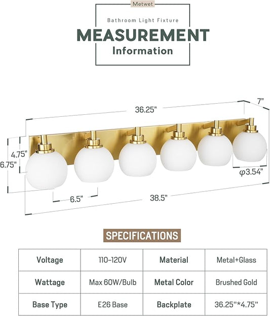 METWET Bathroom Light Fixtures, 6-Light Brushed Gold Bathroom Vanity Lights Over Mirror with Globe Milk White Glass Shade, 38 Inch Modern Vanity Lighting Fixtures, VL195-BG-ML-6