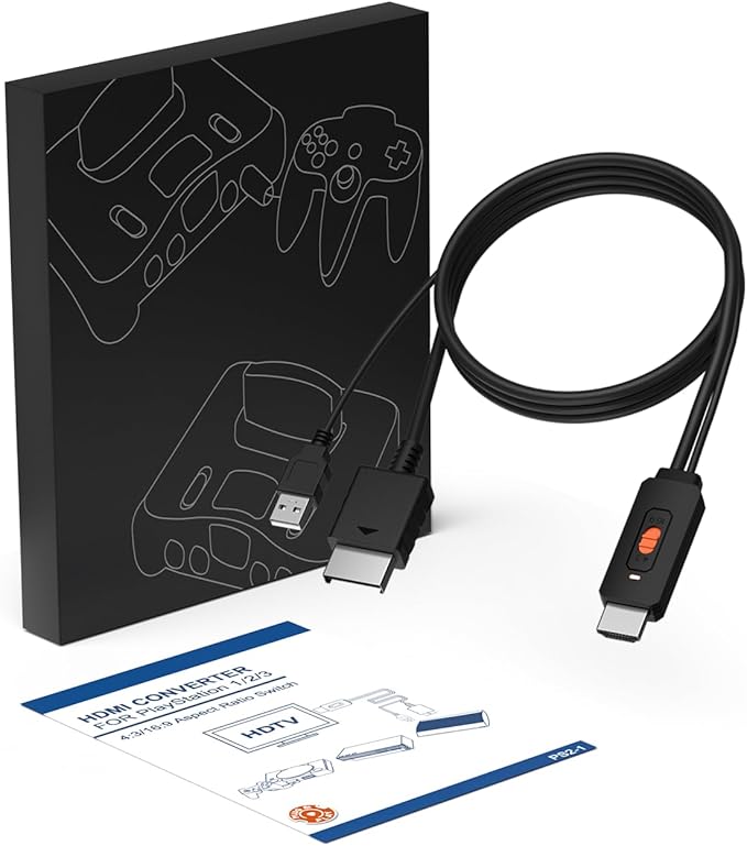 Azduou PS2 to HDMI Adapter HD-Link Cable for PS1 Support 4:3/16:9 Switch, Converter PS3 Video Signal to HDMI Signal with S-Video Singal(Support PS1,PS2,PS3) 3 in 1