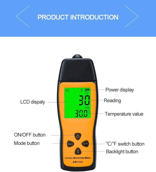 Cheffort Handheld Carbon Monoxide Meter, Portable Carbon Monoxide Detector, Professional-Grade CO Gas Tester with LCD Backlit Display, 0-1000PPM Range for Industrial and Home (Battery Not Included)