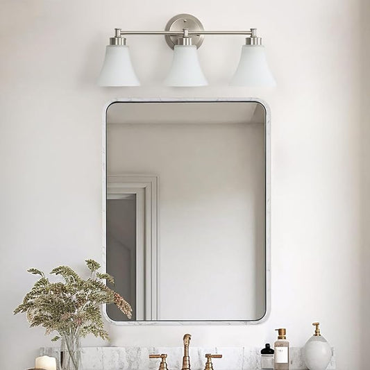 LOUSACE 3 Light Bathroom Vanity Light Vintage Brushed Nickel Bathroom Lighting Fixtures Over Mirror, Traditional Wall Sconce Lighting with Opal Glass Shade, Nickel Vanity Lighting Fixture