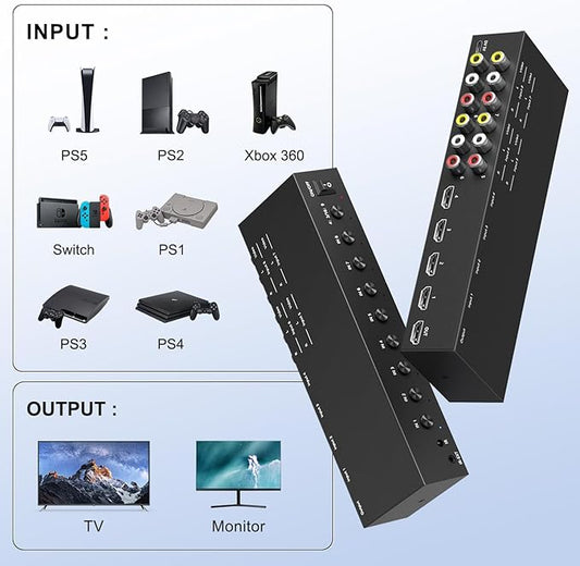 Azduou 4 AV Inputs + 4 HDMI 2.0 Inputs to HDMI Converter (8 in 1) with Upgrade New Version