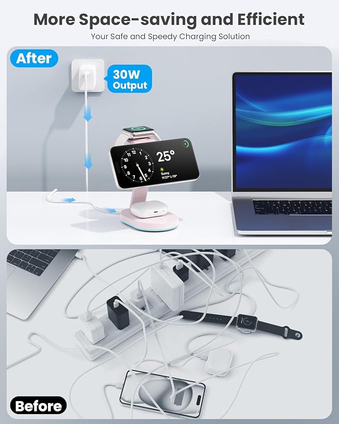 3 in 1 Wireless Charger Charging Station for iPhone,Qi2 Certified 15W Magnetic Charging Stand for Mag-Safe with 30W USB C Adapter&Friendly Night Light for iPhone 16/15/14/13/12,Apple Watch,AirPods