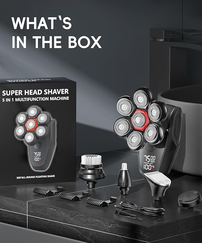 MALEGEBAZ Head Shaver for Bald Men:IPX8 Waterproof 7D Magnetic Electric Head Shaver with LED Display, USB-C Fast Charge, Travel Lock & 5 Attachments, Valentines Day Gifts for him,Black