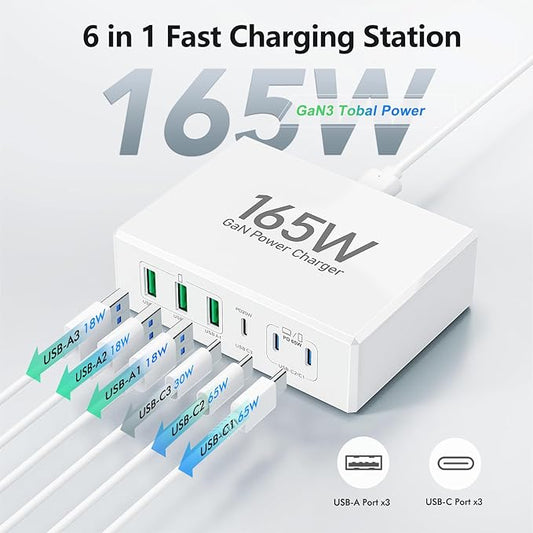 165W USB C Charging Station Hub, 6 Port PD GaN Fast Wall Charger Block Type C Laptop Power Adapter Charger Cube Brick for MacBook Pro/Air,iPad Pro,iPhone16 15 14 13 12, AirPods4,watch10 ultra2