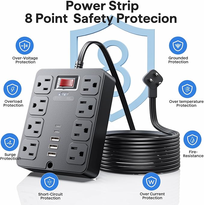 13 in 1 Surge Protector Power Strip Flat Plug 8 Widely AC Outlet 3 USB Ports,1250W/10A,5 ft Extension Cord with Multiple Outlets, Desk Extender for Dorm, Home,Travel, Office Essentials,ETL Listed