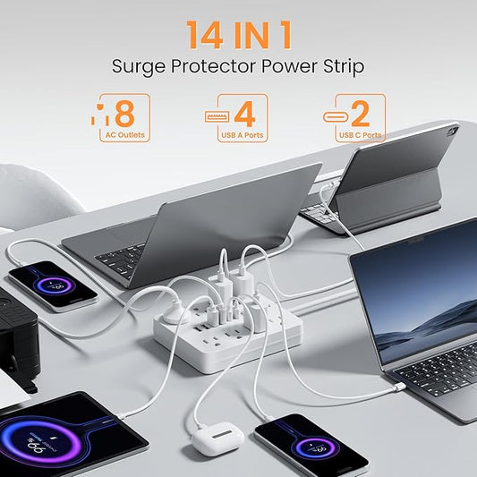 Bawmwim Surge Protector Power Strip - 8 Outlets(1250W/10A) 4 USB A(2 USB C, 10FT Flat Plug Extension Cord, Wall Mount Multi Plug Outlet Extender, ETL Listed for Home, Dorm Room