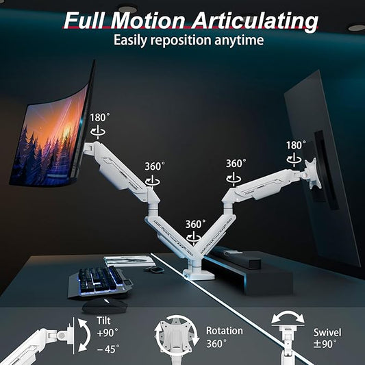 Fydeamer Dual Monitor Arm for 17-35" Screens up to 24.2 lbs, Ergonomic Gas Spring Monitor Stand with Height Adjust, Tilt, Swivel & Cable Management, VESA Desk Mount with 2 Types of Installation, White