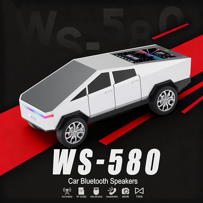Futuristic Pickup Truck Bluetooth Speaker with LED Display Screen β Practical Gift Choice for Car Model Fans & Audio Users, TWS Stereo, FM Radio, USB/TF Playback, Front LED Headlights, Mic(Silver)