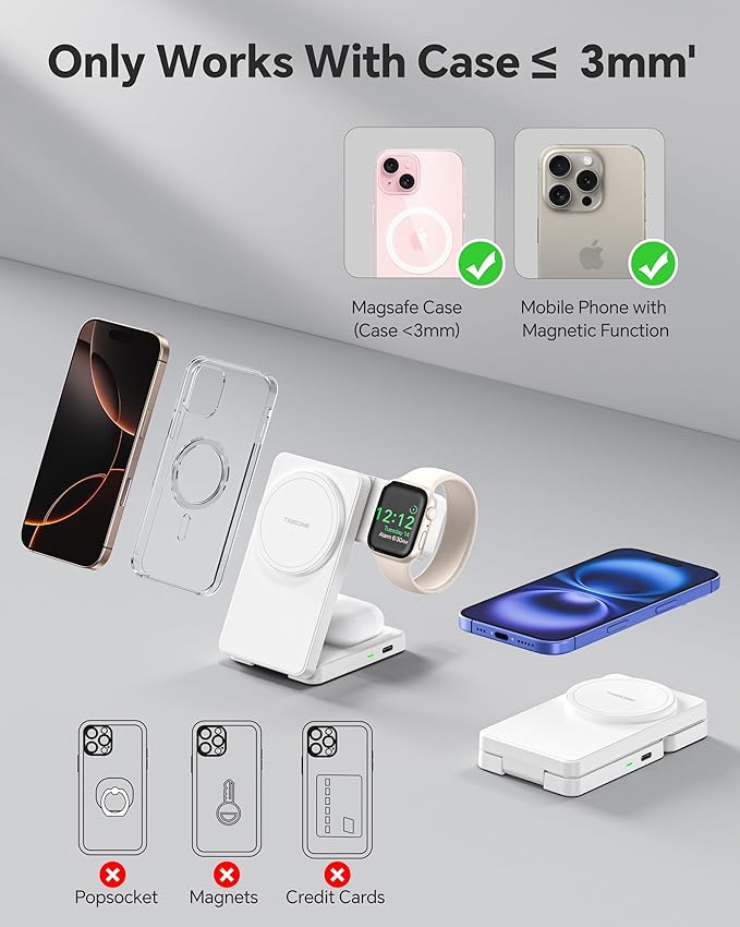 3 in 1 Charging Station for iPhone 16/15/14/13/12 Series, Wireless Charger for Apple Watch,Travel Magnetic Charging Stand for AirPods (White)