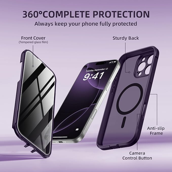 BERFY Magnetic for iPhone 16 Pro Case, Compatible with MagSafe, Built-in Privacy Screen Protector and Upgraded Camera Protection, Anti-Spy Full Body Shockproof Phone Case for 16 Pro 6.3", Deep Purple