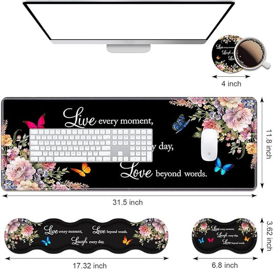 Ergonomic Keyboard Wrist Rest & Mouse Pad Wrist Rest Set, Large XXL Gaming Desk Mat 31.5"x 11.8" with Memory Foam, Easy Typing Pain Relief for Office & Home, Floral Quote Live Laugh Love