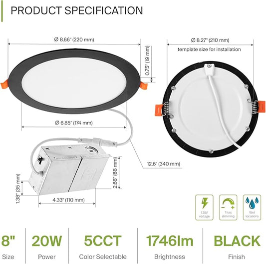 ASD 1 Pack 8 Inch LED Recessed Light 20W, 5 CCT 2700K-5000K CRI90+, IC Rated Ultra Thin Dimmable Ceiling Lights with J Box, Canless Wafer Downlight, Round Slim Panel Lighting, UL Listed, Black