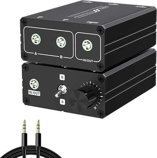 3.5mm Stereo Audio Switcher (2 in 2 Output / 2 in 2 Output) with 3.5mm Audio Cable, 2 Ports AUX Audio Speaker Selector for PC Mobile Laptop Headphones