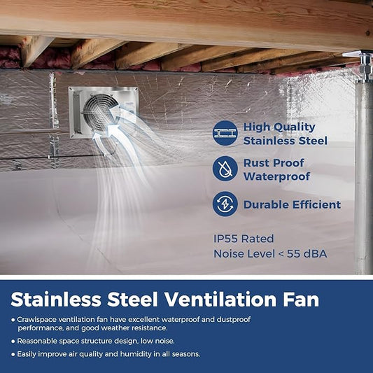 ALORAIR 570CFM Crawlspace Ventilation Fan with Humidistat, IP55 Rated Basement Stainless Steel Exhaust Fan, Built-In Isolation Net 8.1 Inch Foundation Vent Fan for Crawl Space, Garage, Attic,Grow Tent
