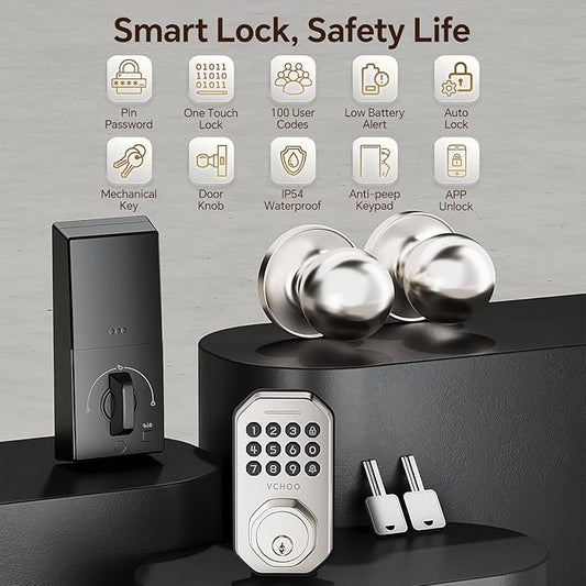VCHOO Keyless Entry Door Lock Set Smart Locks for Front Keypad Door Lock with Handle Automatic Lock One Time Password Anti Peeping Password IP54, Satin Nickel