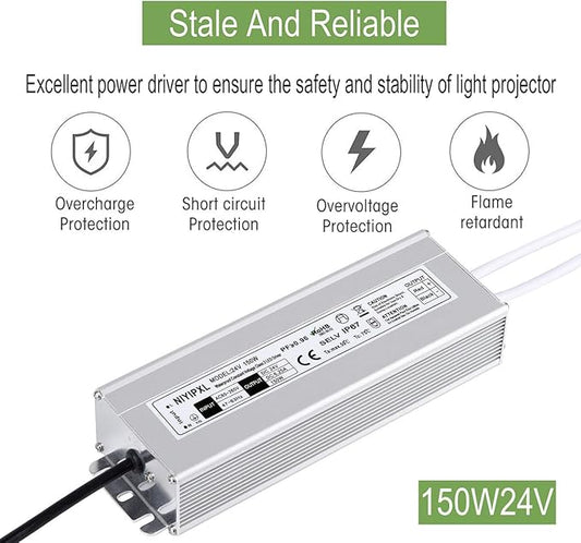 LED Driver 150 Watts 24V DC Low Voltage Transformer, Waterproof IP67 LED Power Supply, Adapter with 3-Prong Plug 3.3 Feet Cable for Any 24V DC led Lights, Computer Project, Outdoor Light
