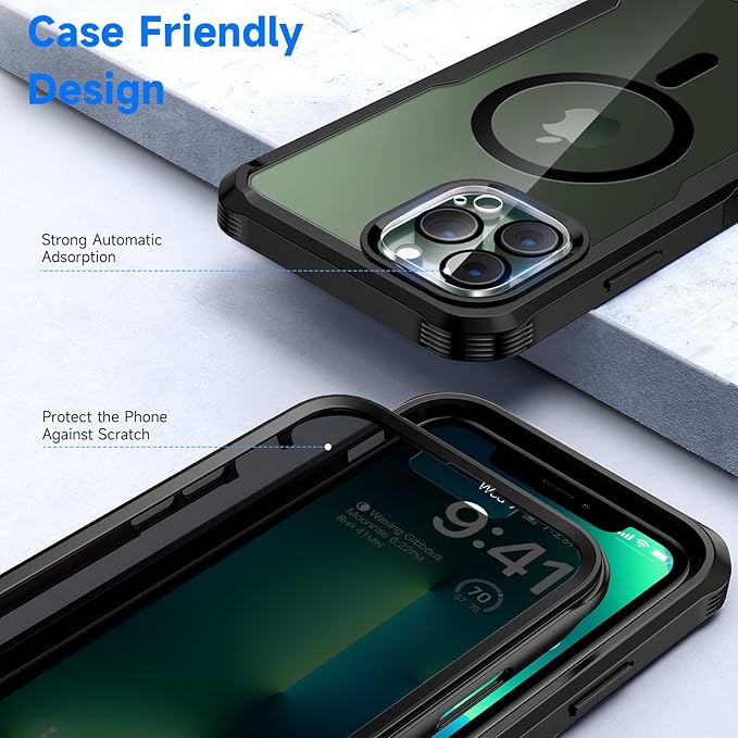 seacosmo for iPhone 13 Pro Max Case, Full Body Bumper with Built-in 9H Tempered Glass Privacy Screen Protector and Camera Lens Protector, Compatible with MagSafe, Shockproof Phone Case, 6.7", Black