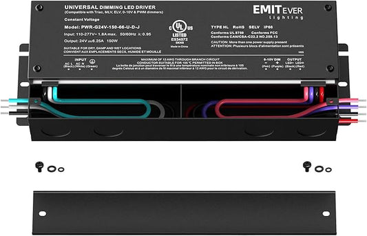EMITEVER Dimmable Led Driver, 2 Packs 150W AC 110V-277V to DC 24V Transformer, 5-in-1 Dimming: ELV/MLV/TRIAC / 0-10V / 1-10V / 10V PWM/Potentiometer, Waterproof IP67 and UL Listed